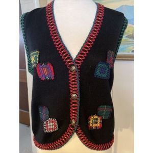 Vintage Susan Bristol Sweater Vest Black Patchwork Tacky Christmas Sweater